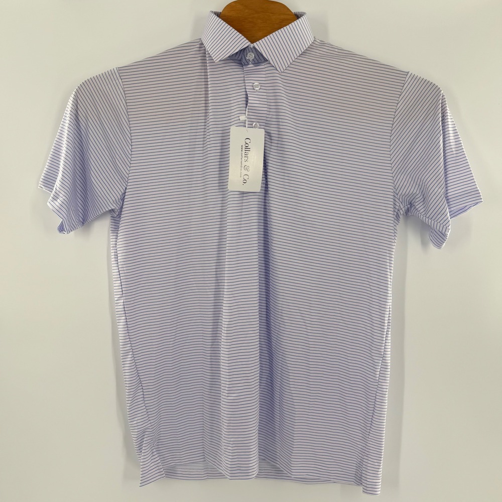 Collars & Co Mens Polo Shirt Light Blue White Striped Dress Collar Performance M